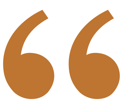 Large orange quotation marks symbol on a white background.